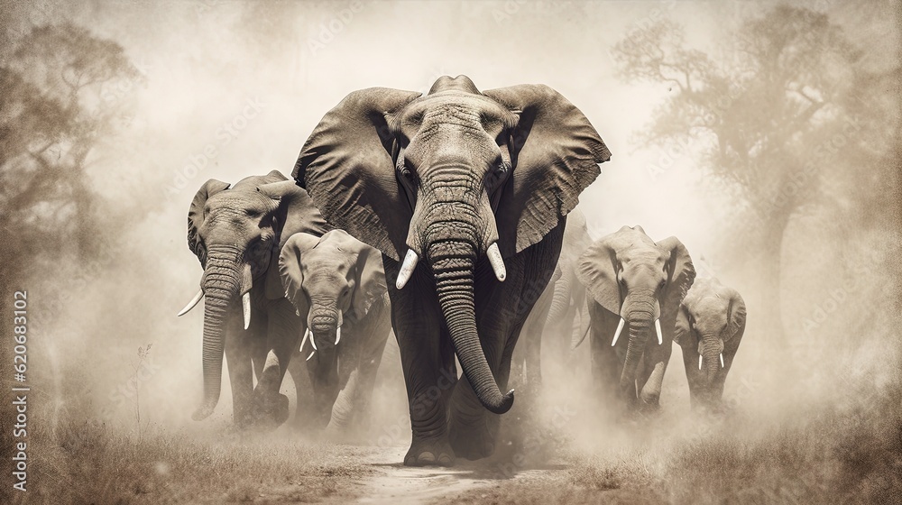  a herd of elephants walking down a dirt road in the woods on a foggy day with trees in the backgrou