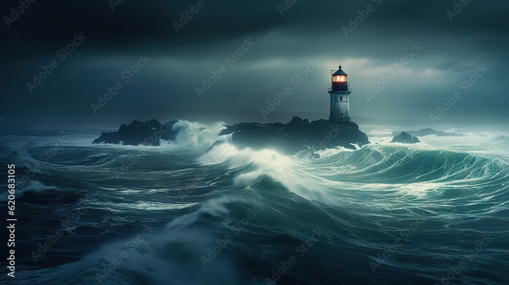  a lighthouse in the middle of a large body of water with waves in front of it and a dark cloudy sky