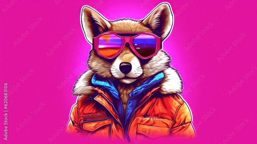  a drawing of a dog wearing sunglasses and a jacket with a hood on, with a pink background and a pin