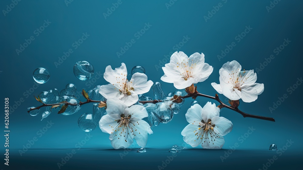  a branch with white flowers and water drops on it, on a blue background, with a blue background and