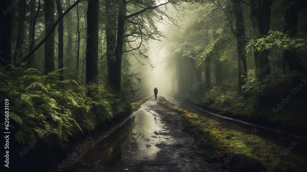  a person standing on a wet road in the middle of a forest with trees and grass on both sides of the