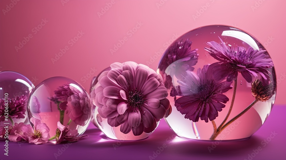  a group of glass vases with flowers inside of them on a purple surface with a pink background and a