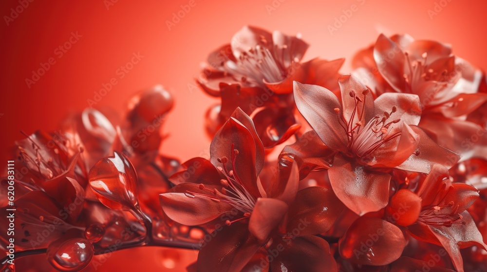  a bunch of flowers that are on a red surface with water droplets on them and a red background with 