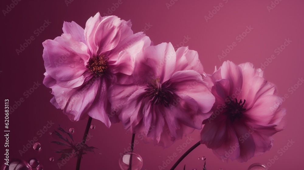  three pink flowers with drops of water on a purple background with a pink background and a pink bac