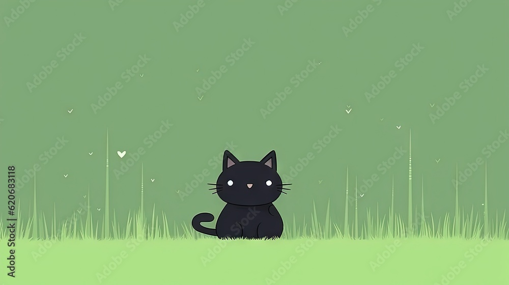  a black cat sitting in the grass with a heart shaped object in the background of the picture and th