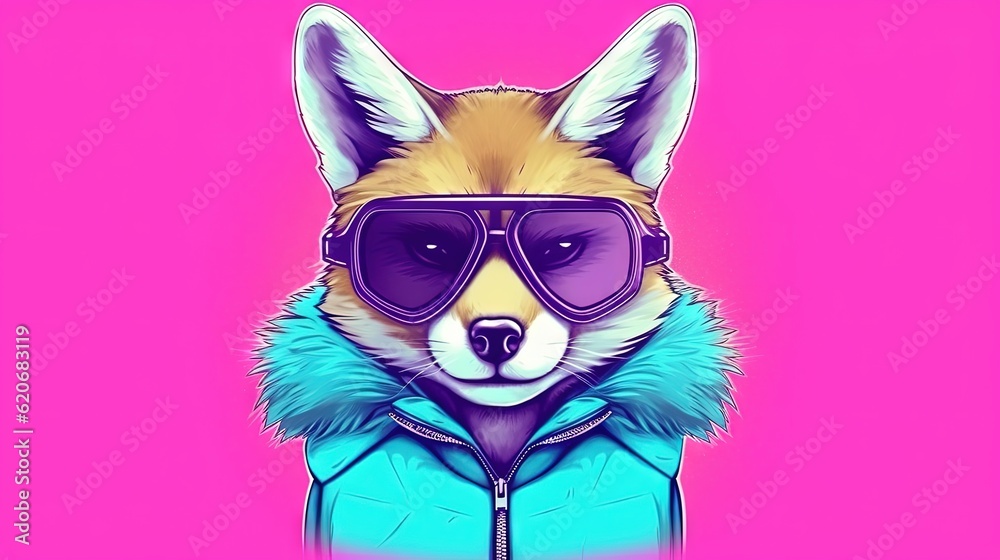  a dog wearing sunglasses and a blue jacket on a pink background with a pink background and a pink b