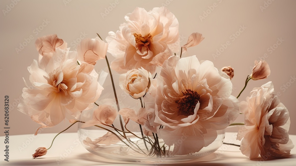  a vase filled with pink flowers on top of a white counter top next to a white tablecloth covered ta