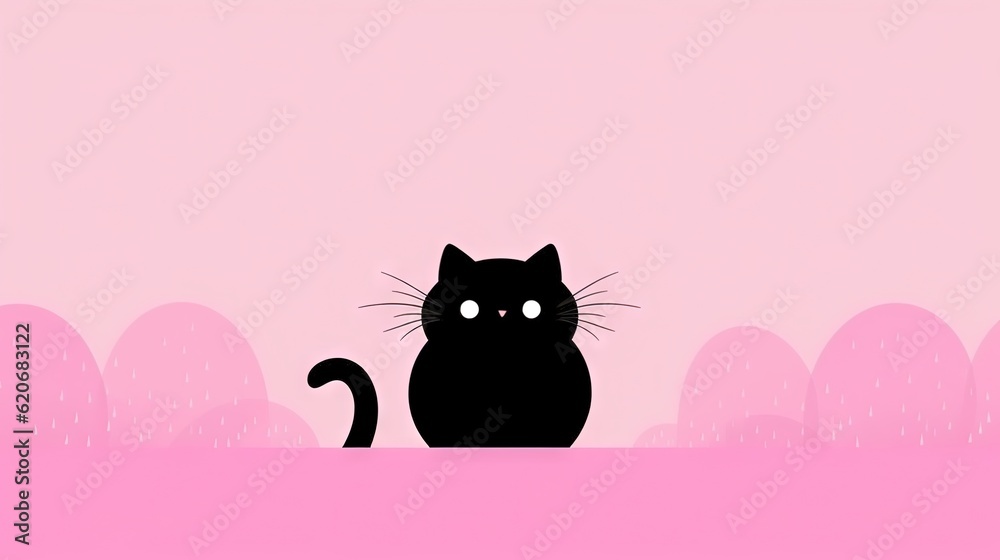  a black cat sitting on top of a pink surface next to a cactus plant and a pink sky background with 