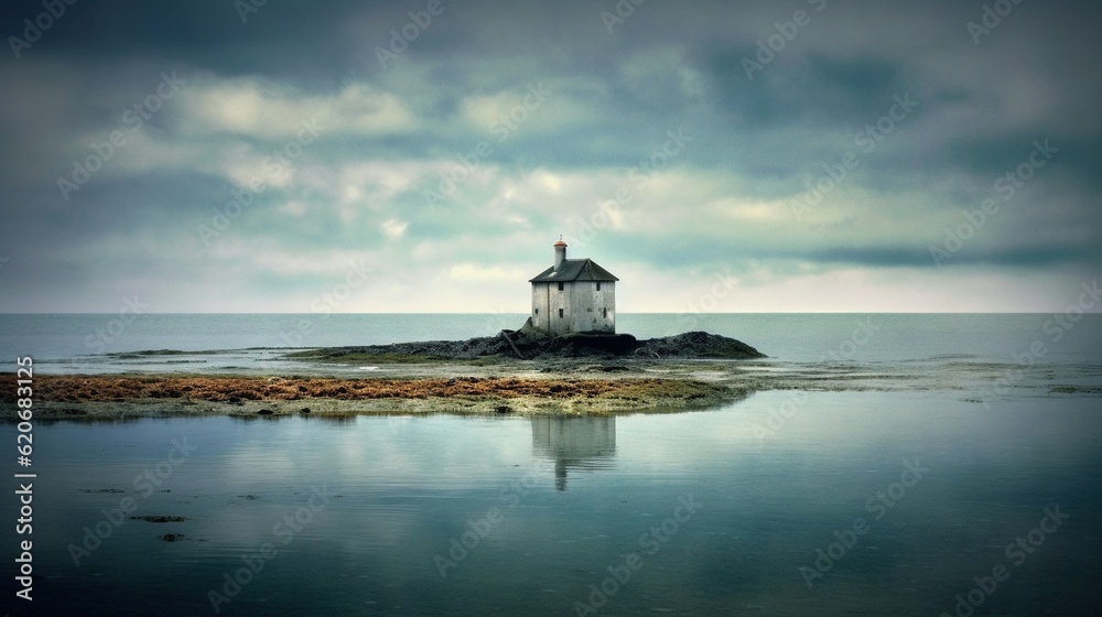  a lighthouse on a small island in the middle of the ocean with a cloudy sky in the background and a