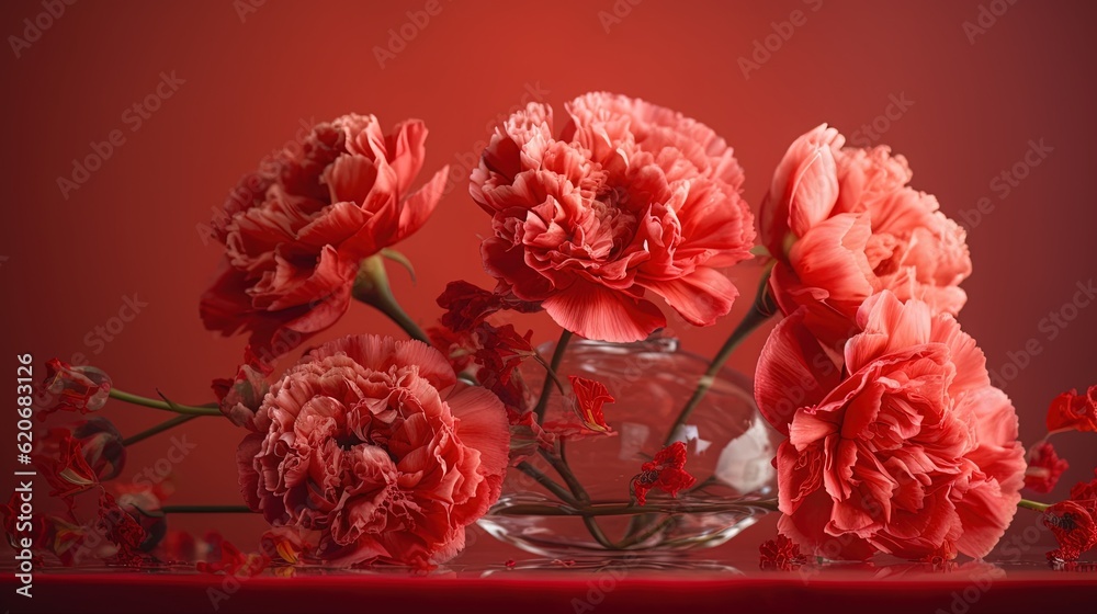  a vase filled with red flowers on top of a table next to a red wall and a red table cloth on the fl