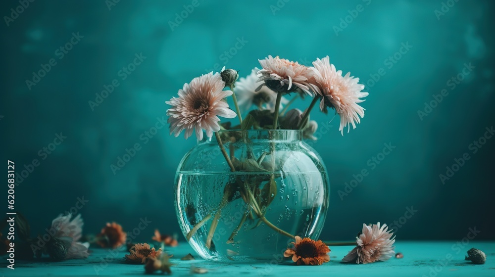  a vase filled with water and flowers on top of a blue tablecloth covered tablecloth with a green ba