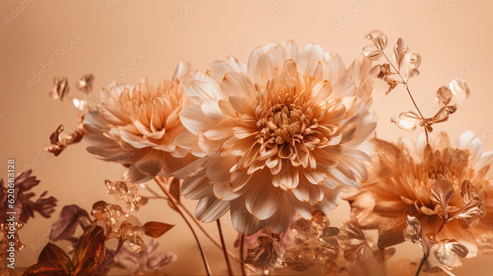  a bunch of flowers that are sitting on a table with a pink background and a brown background behind