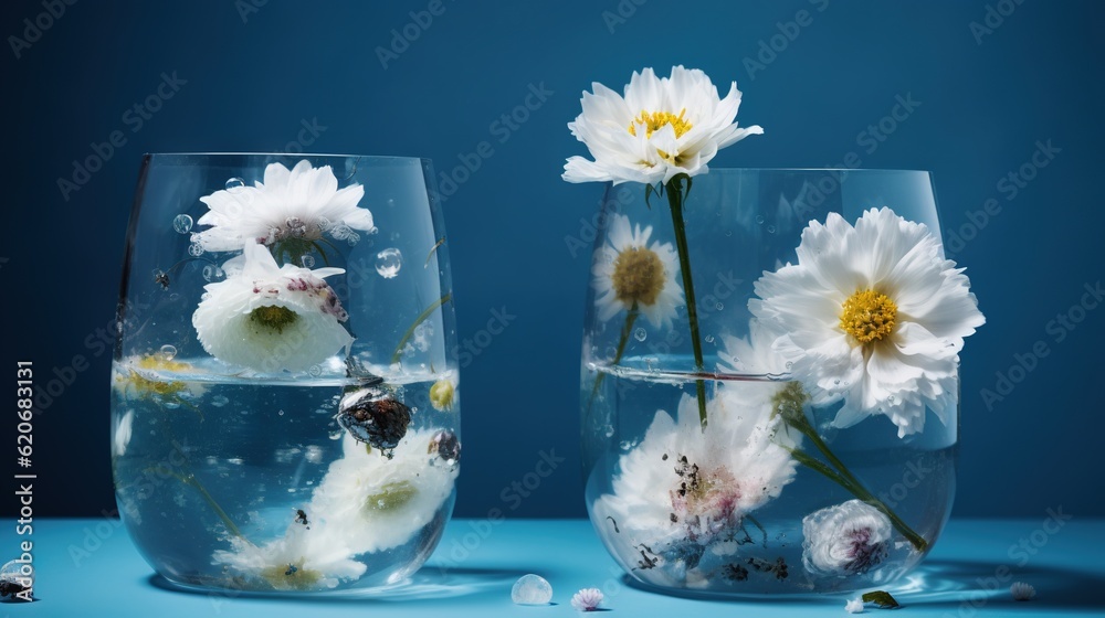  two vases with flowers inside of them on a blue surface with bubbles in the bottom of the vase and 