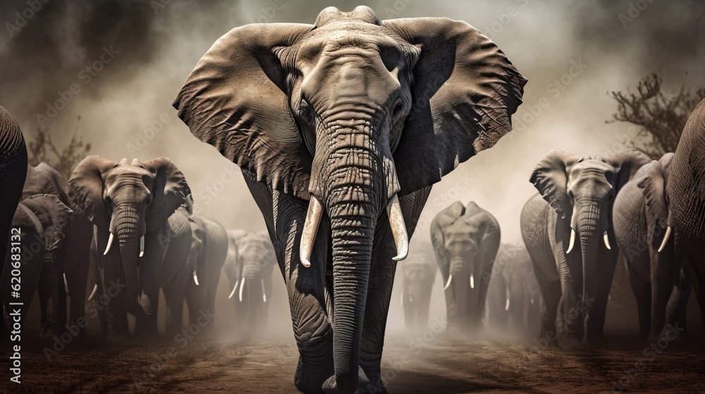  a herd of elephants walking down a dirt road in front of a dark sky with clouds in the background a