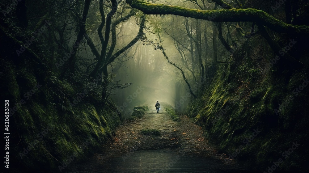  a person standing in the middle of a forest with moss growing on the walls and trees on both sides 