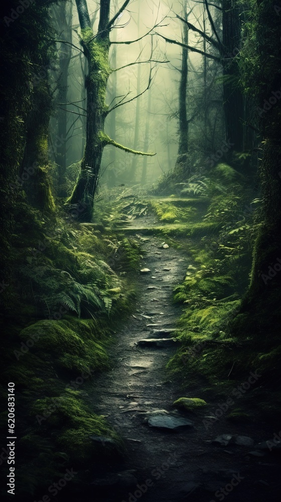  a path in a forest with moss growing on the ground and trees on the sides of the path, with a light