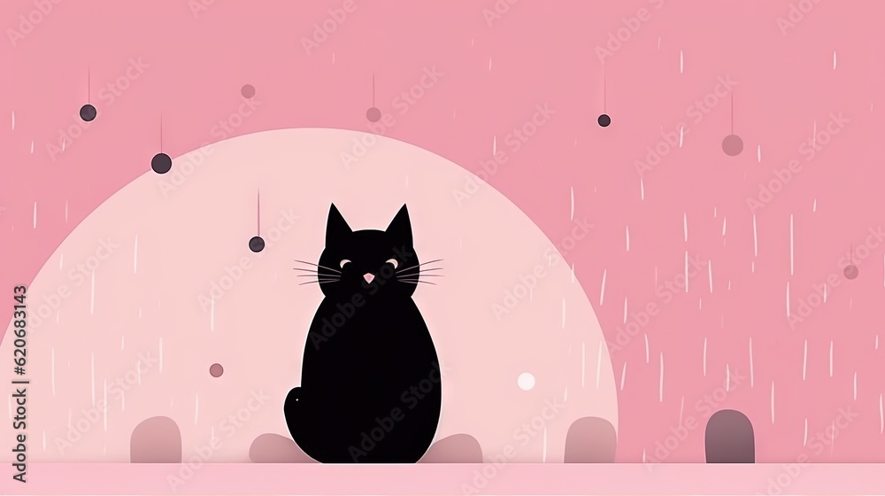  a black cat sitting in the rain with a pink background and a pink circle behind it that says hello 