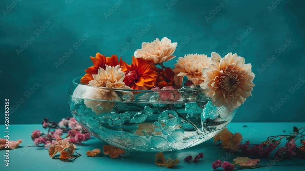  a glass bowl filled with flowers on top of a blue tablecloth covered table top with dried flowers o