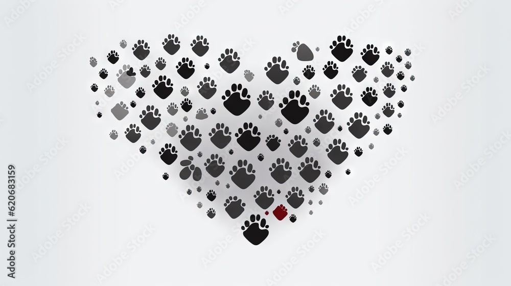  a heart made out of paw prints with a red heart in the middle of the image and a small red dot in t