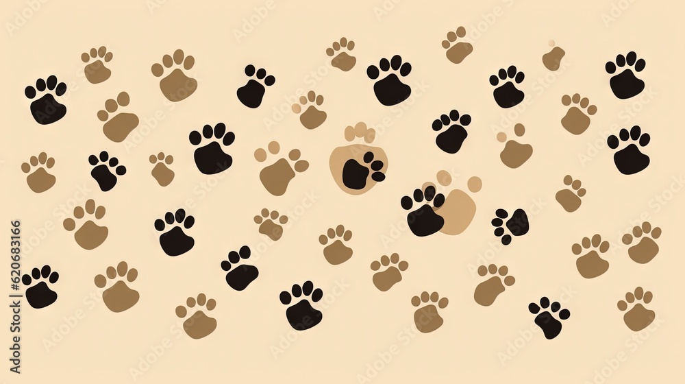  a group of black and brown paw prints on a beige background with a black circle in the middle of th