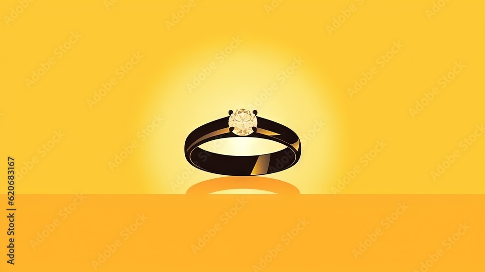  a ring sitting on top of a yellow surface with the sun shining behind it and a reflection of the ri