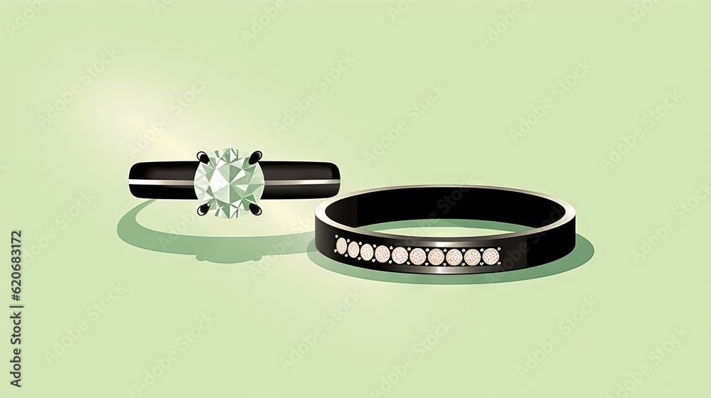  a couple of wedding rings with a diamond on top of them on a light green background with a shadow f