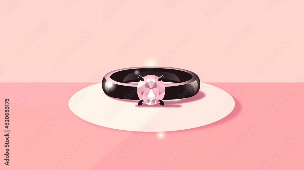  a pink and black ring sitting on top of a white plate on a pink surface with a pink and white backg