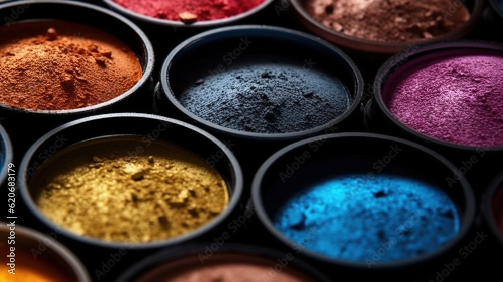  a close up of a bunch of different colored powders in a container together on a table with one of t