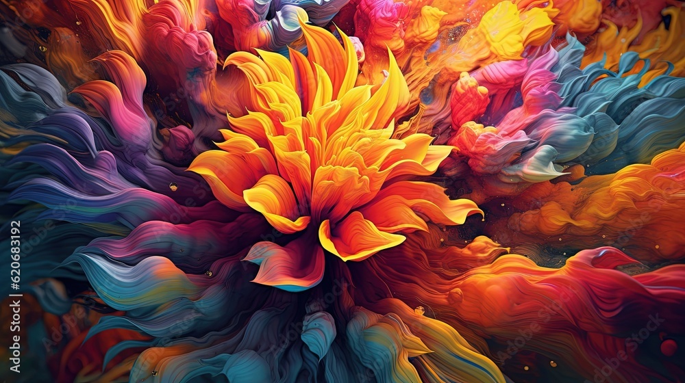  a painting of a large flower with many colors of paint on its petals and petals in the middle of t