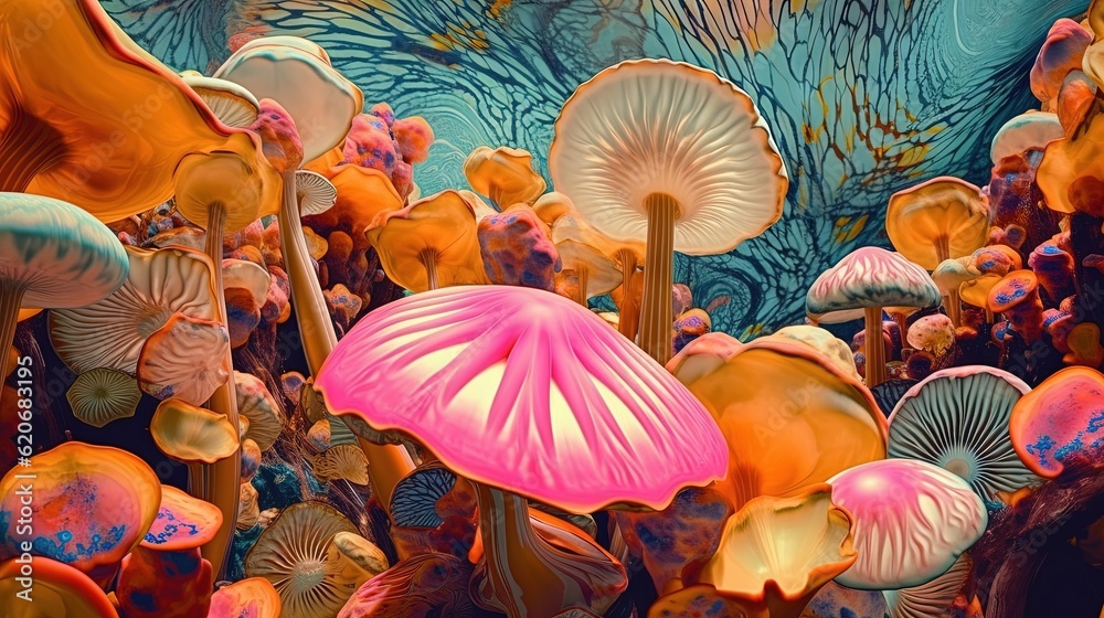  a painting of a bunch of mushrooms in a field of grass with a blue sky in the background and a pink