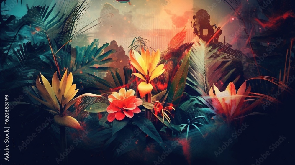  a digital painting of a tropical scene with flowers and birds in the sky and a man on a horse in th