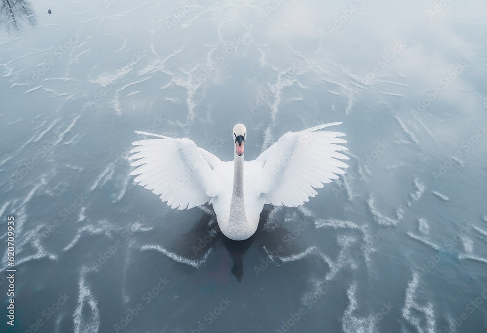 Drone VIew Above a Swan in Frozen