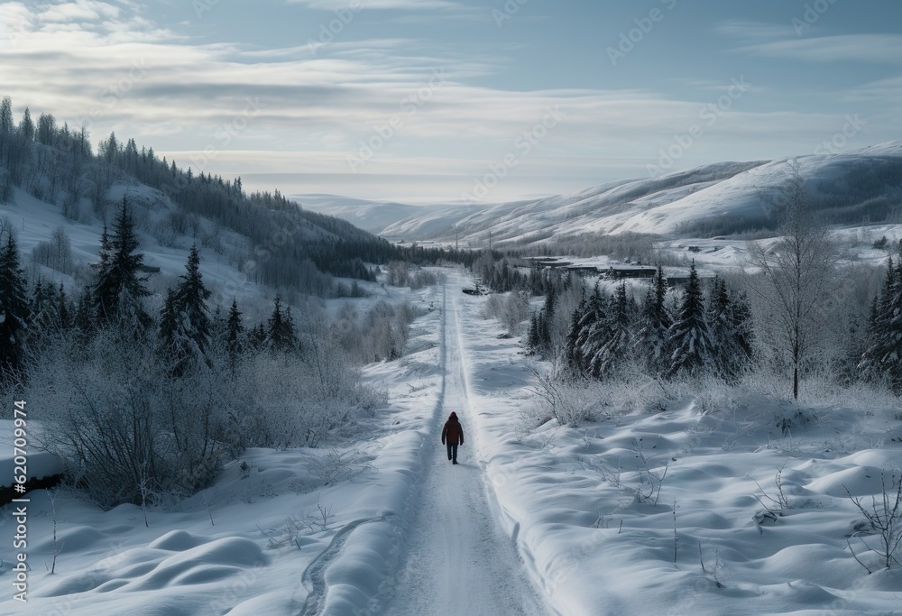 Man walks on Empty Winter Road Are Sweden