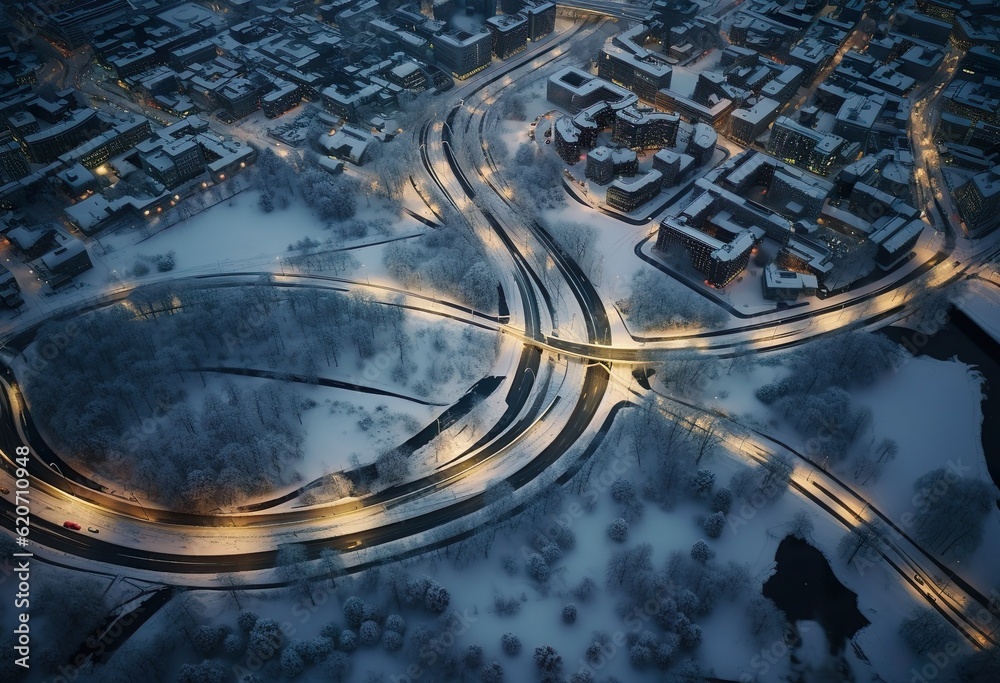 Drone VIew Over Winter Road Stockholm Sweden