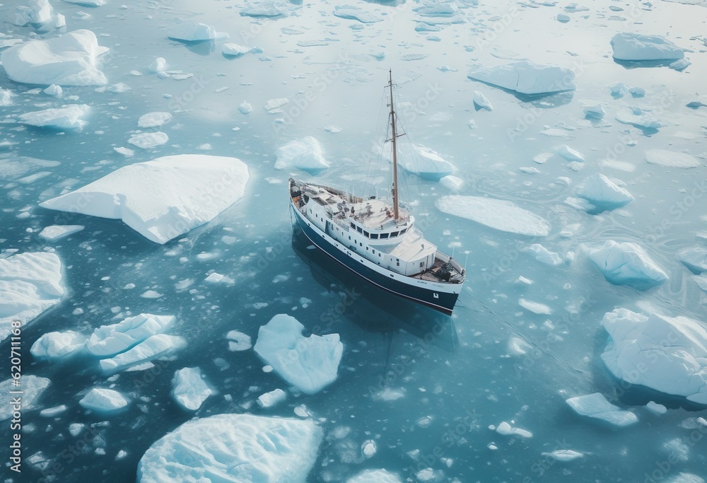 Aerial Photo of a boat navigating through the ice