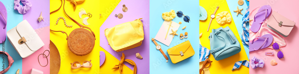 Collection of stylish female handbags and summer accessories on color background