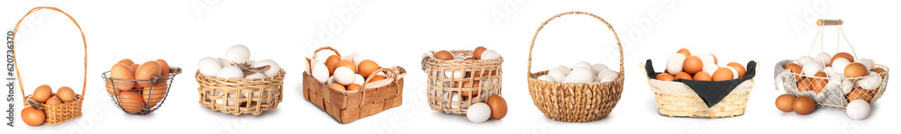 Collage of baskets with chicken eggs on white background