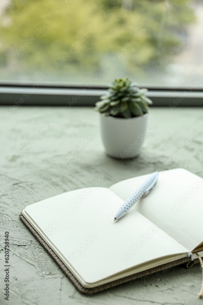 Open notebook, pen and houseplant on table near window