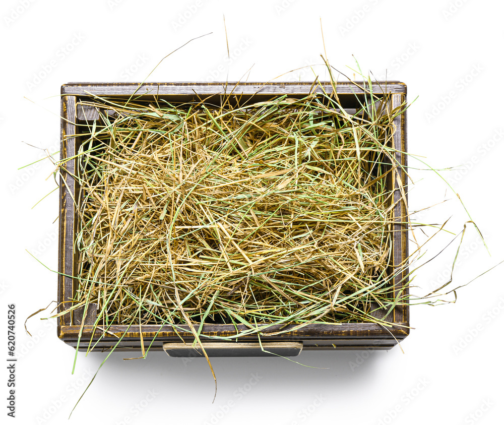 Straw in crate on white background