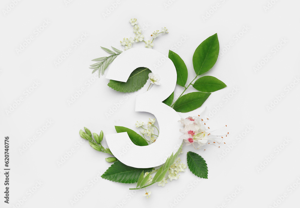 Green leaves and flowers with paper number three on white background