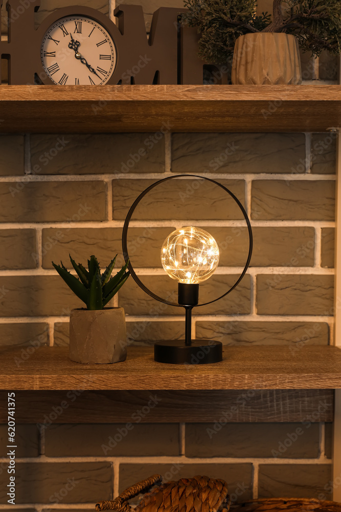 Glowing lamp with houseplant on shelf in dark living room