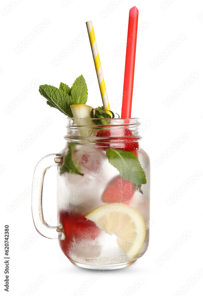 Mason jar of fresh lemonade with strawberry and lemon on white background