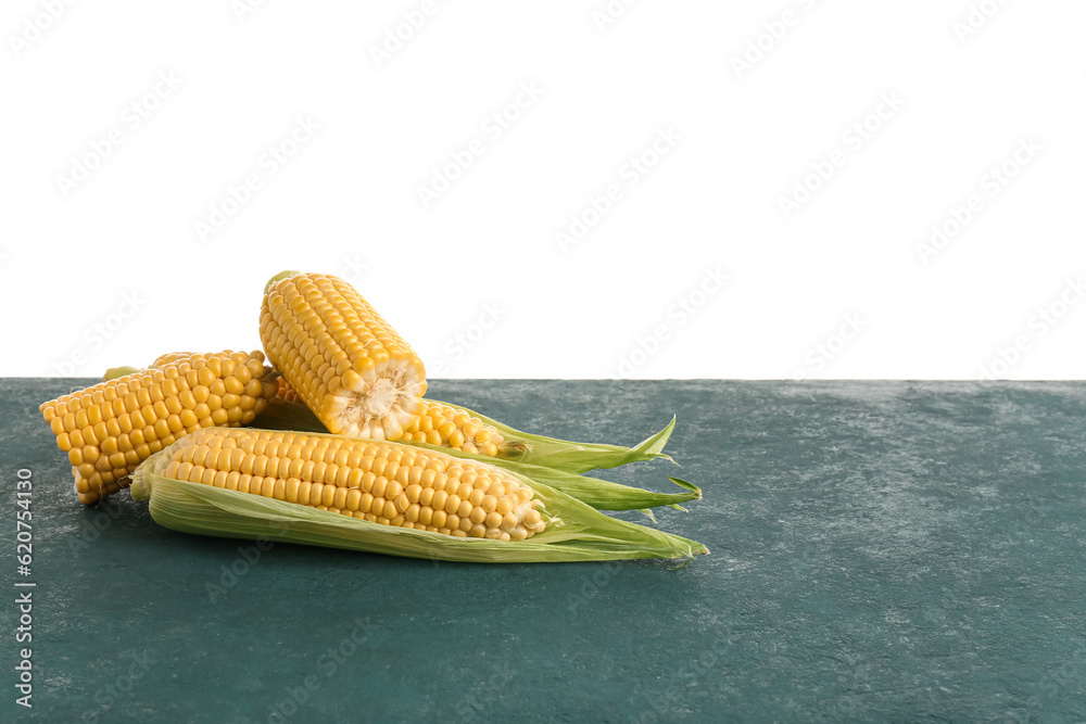 Fresh corn cobs on blue table against white background