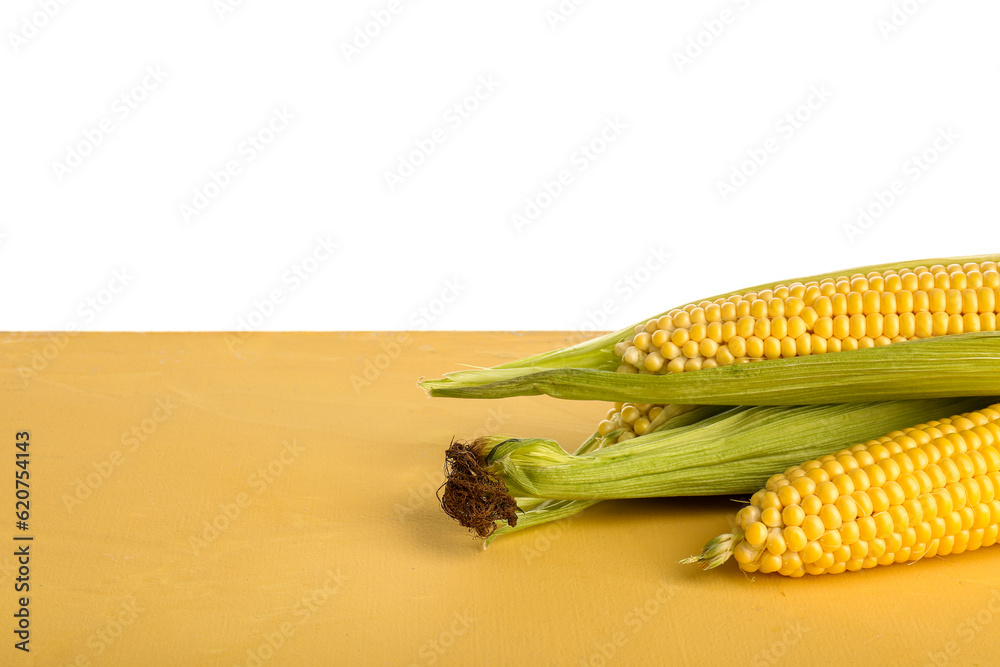 Fresh corn cobs on yellow table against white background