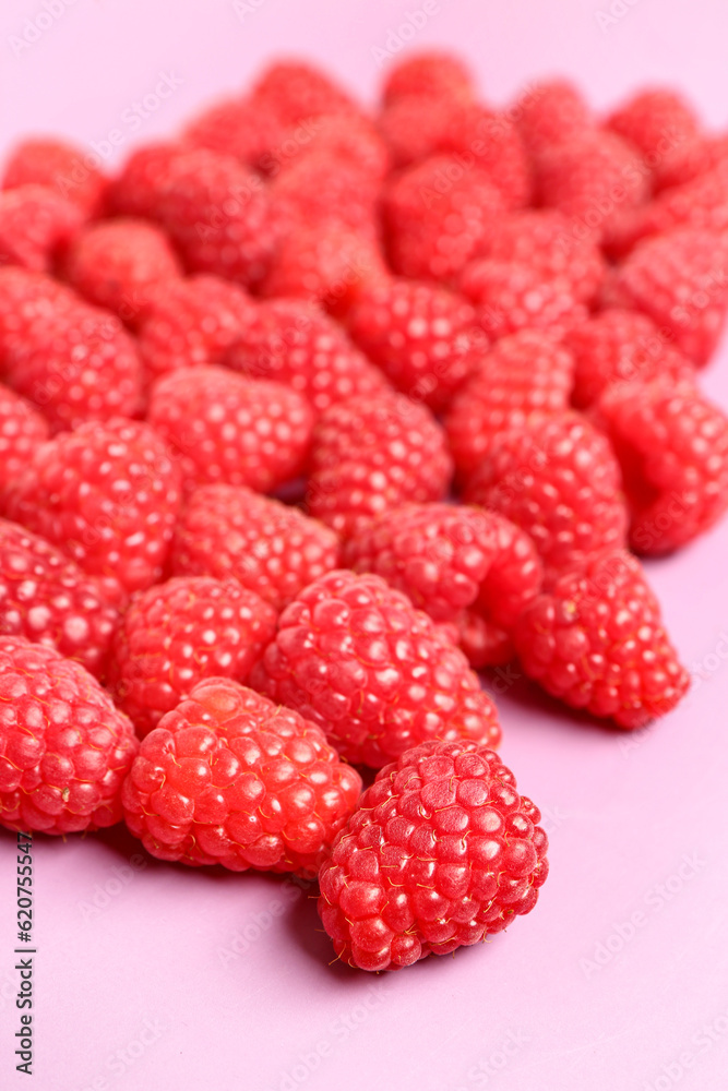 Many fresh raspberries on pink background