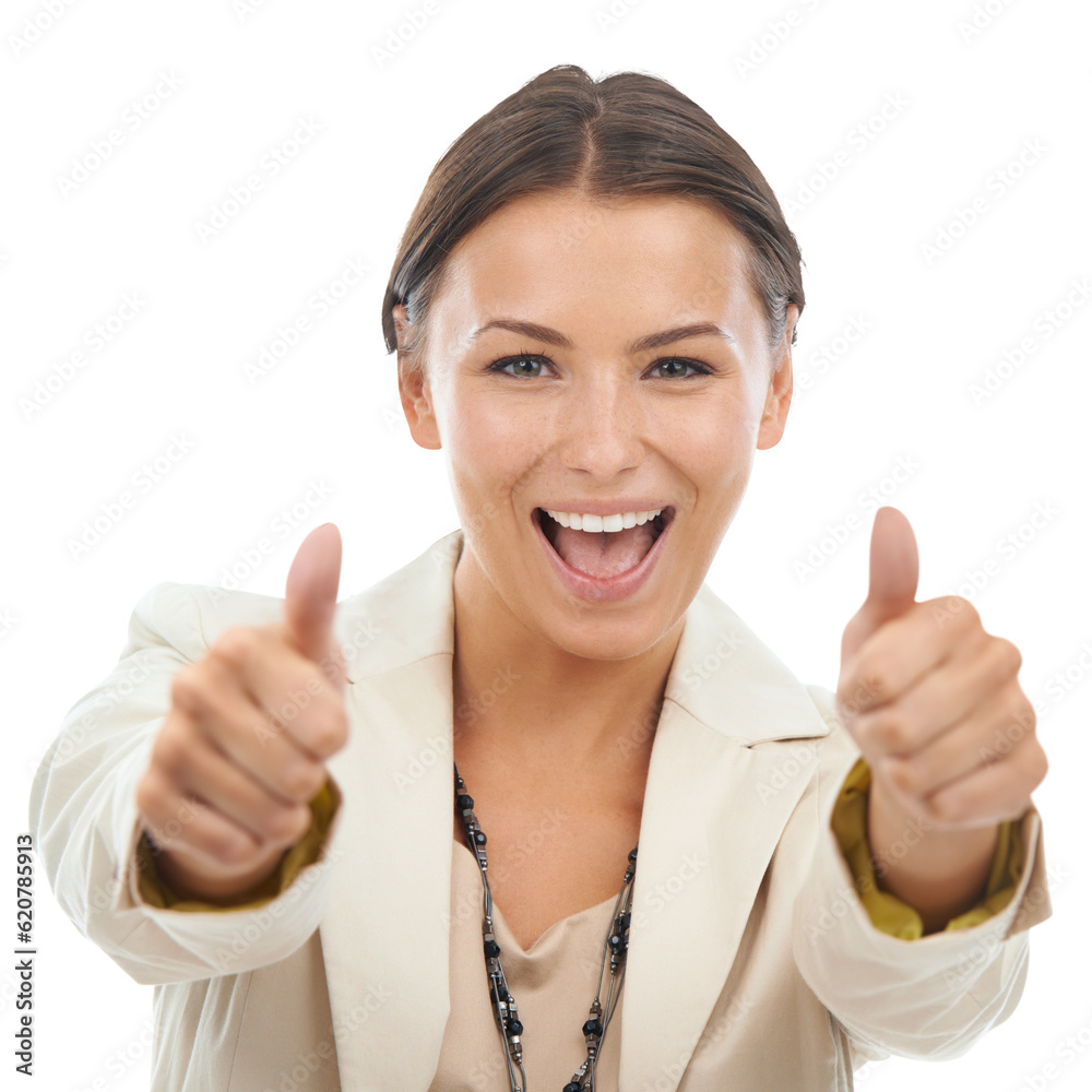 Thumbs up, success and portrait of entrepreneur woman with happy sign isolated in a transparent or p