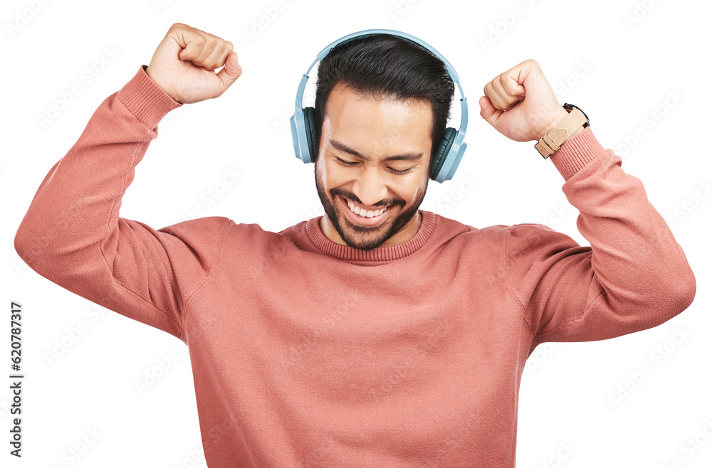 Happy asian man, headphones and dancing to music or listening isolated on a transparent PNG backgrou