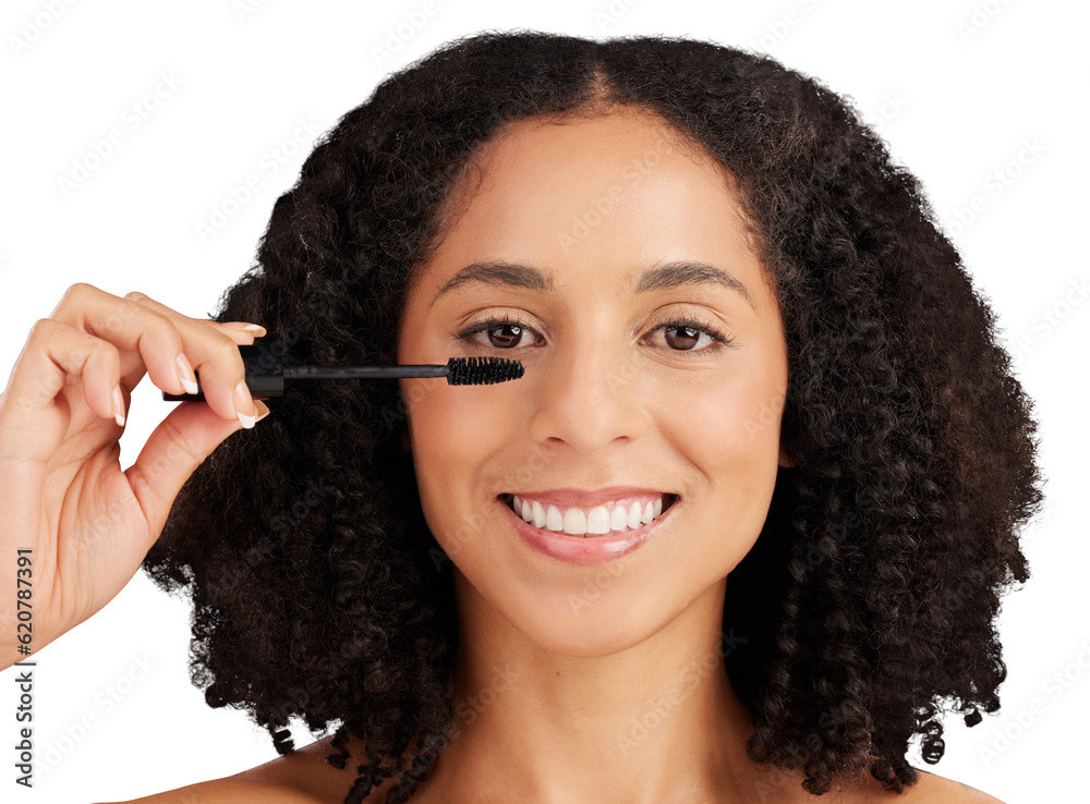 Makeup, portrait and happy woman with mascara brush on isolated, transparent and png background. Bea