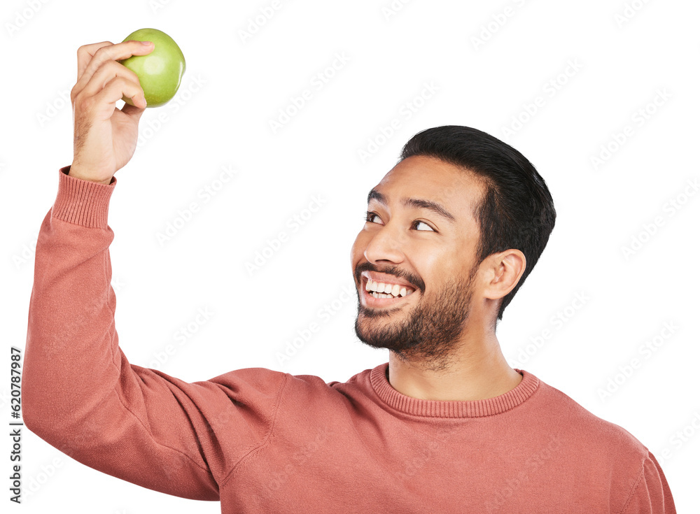 Wellness, apple and happy man with fruit for health on isolated, png and transparent background for 