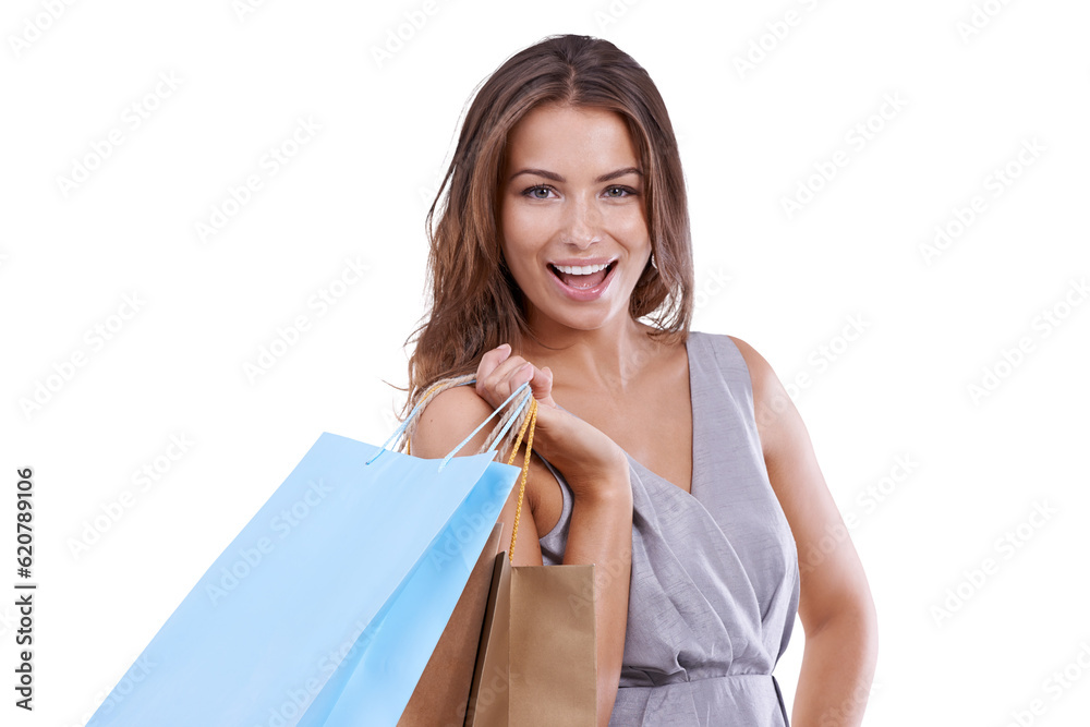 Shopping bag, portrait and happy woman for fashion discount or retail sale isolated on transparent p